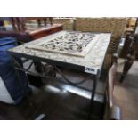 2208 - Wrought metal framed occasional table with carved wooden insert
