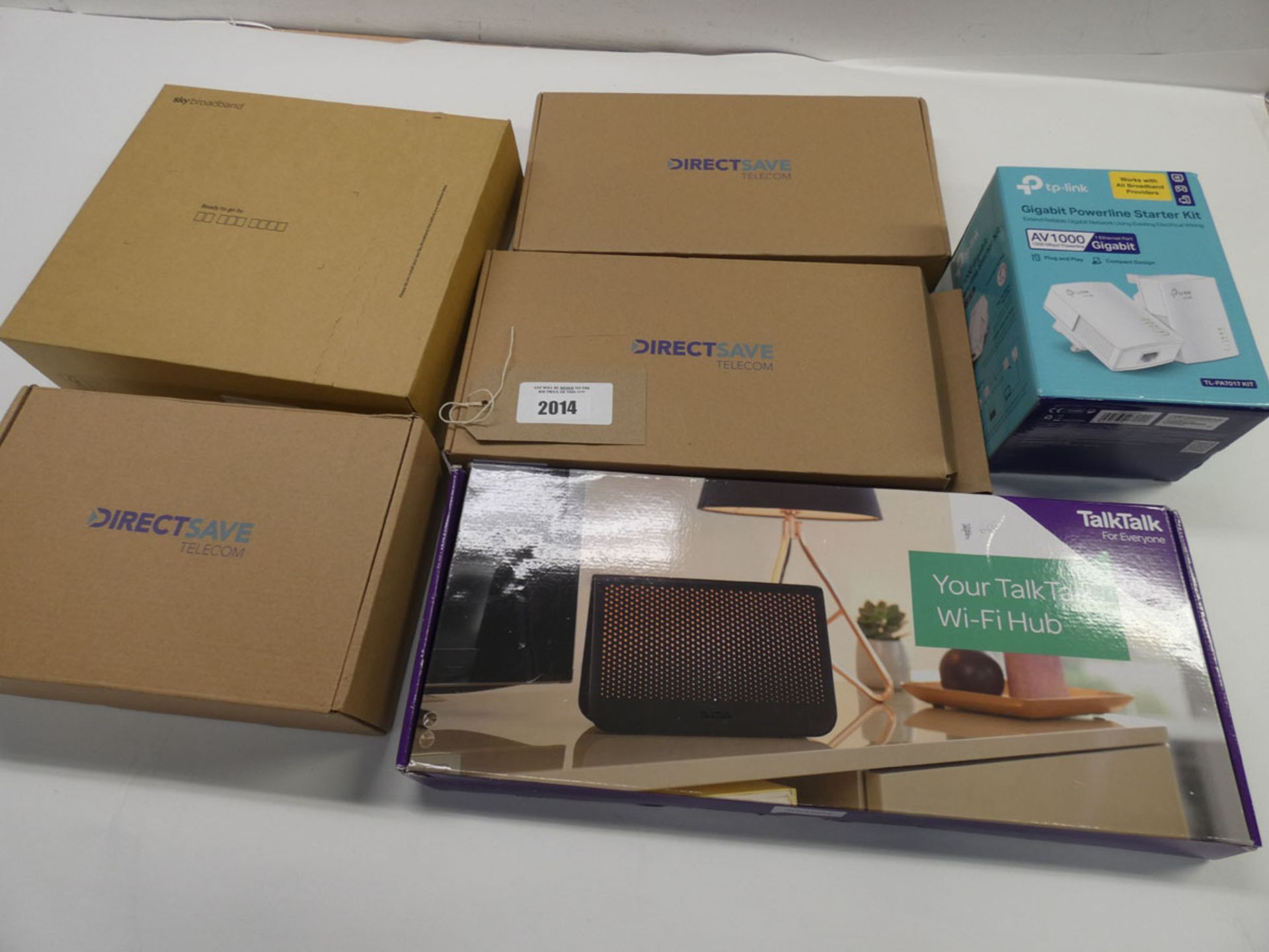 Bag containing DirectSave, Talktalk and Sky routers plus TP-Link WiFi extender