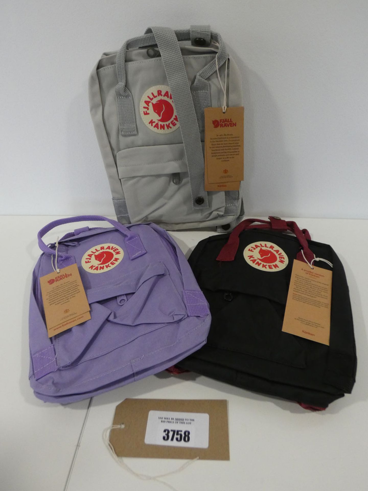 Set of 3 Fjall Raven Kanken in grey, purple and black