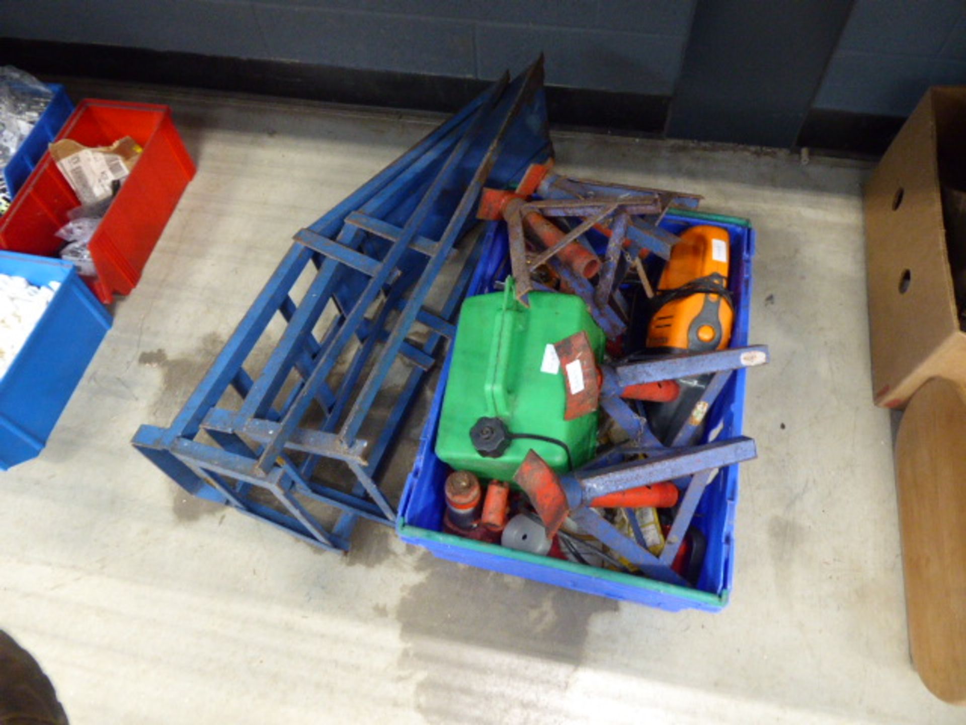 Car ramps and box of car related items incl. axle stands, fuel can, small jack etc.