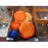(1) A box containing a quantity of orange, yellow and blue plastic picnic plates