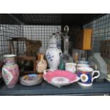 A cage containing a doll's chair, modern Oriental ceramics, decanter, tealight holder and general
