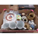A box containing jugs, ornamental figures, Beswick bowl, plus Jasperware and general crockery