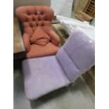 Red fabric button back chair plus a lilac floral fabric easy chair