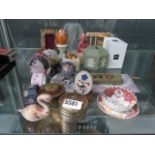 An Oriental figure, ornamental elephants, cloisonne bow and plate, plus a money box and