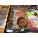 (2) A box containing a wooden fruit bowl, pair of brass candlesticks, glass sundae dishes and