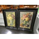 Pair of framed and glazed oleographs of still life with flowers