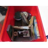 (5) A box containing a child's miniature sewing machine, reference books, metal biplane, bobbins,