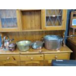 Two copper kettles, plus preserve pans and a brass pan