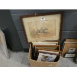 Box containing watercolours of country churches, farm buildings, hunting prints, South East Asian