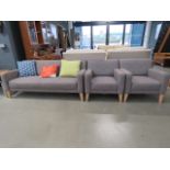 John Lewis grey fabric two seater sofa plus a pair of matching armchairs and a glazed chrome