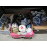 6 boxes containing a large quantity of blue & white china, general pottery, ornamental cottages