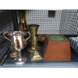 (61) A cage containing silver plated goblets, plus brass vases and a collection plate