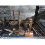 (47) A cage containing open twist brass candlesticks, trivet, brass trinket bowl, a brush scoop