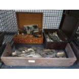 A cage containing loose cutlery, sewing box, plus a Victorian jewellery box