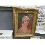 Oil on board study of lady in pink dress by Y. Johnson (?)