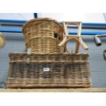 A bent cane magazine rack, waste paper basket, plus a wicker picnic basket (AF)