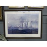 A framed and glazed print of an American schooner