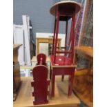 Maroon and gold painted side table plus a matching magazine rack