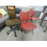 Bent wood stool plus 3 upholstered metal chairs and swivel chair, Collectors item (See Soft