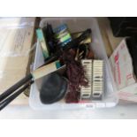 (4) A box containing a music stand, Russian dolls, slide, brushes, tins, books and a purse