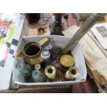 (3) A box containing vintage torches, brass jug, glass bottles and a pair of brass candlesticks
