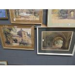 Two watercolours by William Shone of farm buildings and figures