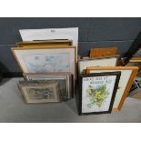 Box and two stacks of prints including farm buildings, children at play, birds, abstracts and