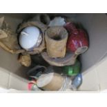 A box containing a copper kettle, plates, plus general china and pottery