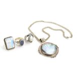 A late 20th century silver pendant of Art Nouveau design inset mother or pearl, w. 5.