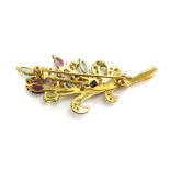 A 9ct yellow gold floral spray brooch set diamonds and coloured gemstones, 4.