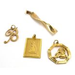 Four 9ct yellow gold and yellow metal pendants including an example modelled as a female beauty,