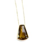 A 9ct yellow gold fine flat curblink necklace suspending a 9ct pendant set citrine, pendant drop 2.