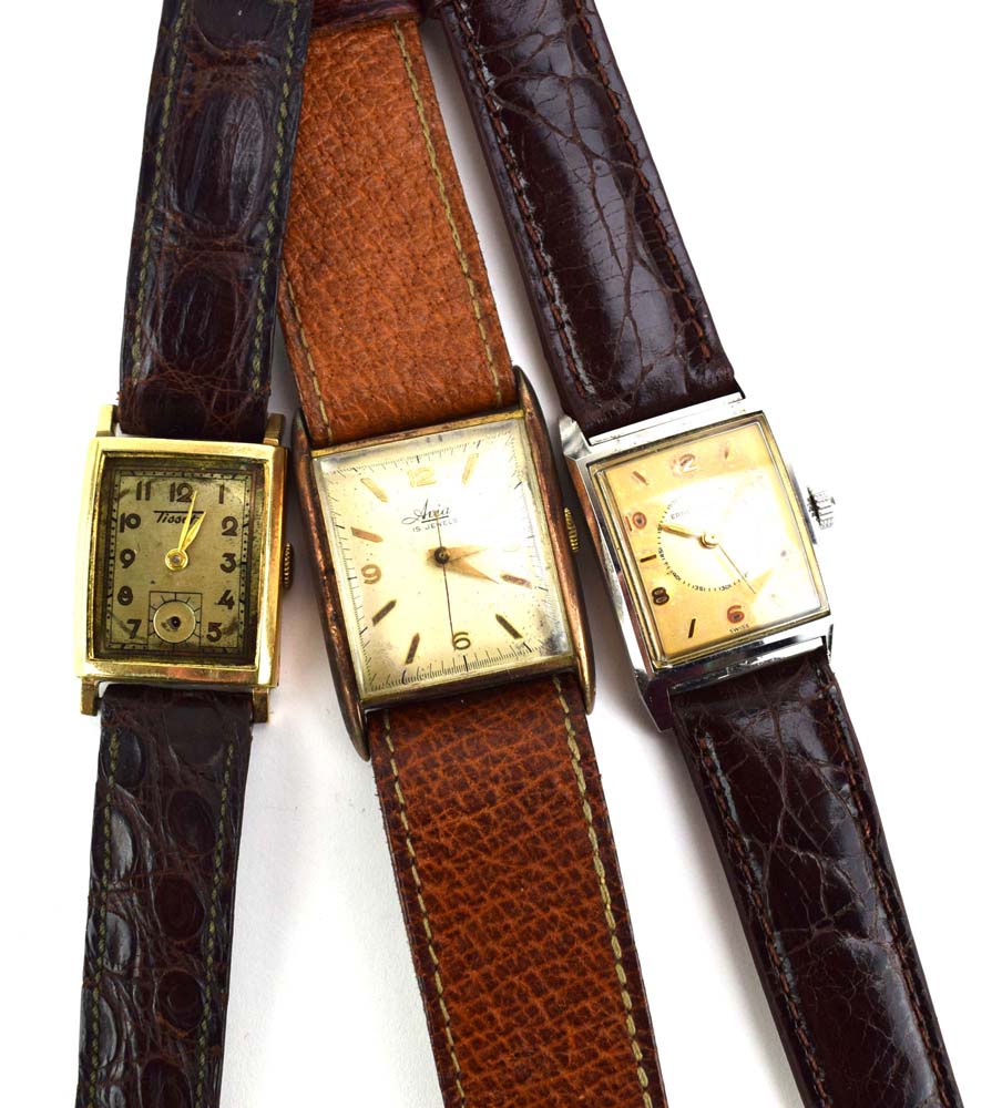 Thee gentlemen's manual wind wristwatches by Ernest Borel, Tissot and Avia,