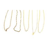 Four 9ct yellow gold necklaces, various links, overall 37.