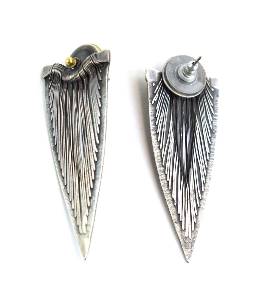 A pair of metalware wirework ear pendants of leaf shaped form, similar to a design by Wally Gilbert, - Image 4 of 5