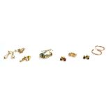 Eight pairs of yellow metal and gold plated earrings including a pair of ear pendants set moss