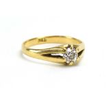 An 18ct yellow gold gypsy ring set old cut diamond in a six claw setting, stone approximately 0.