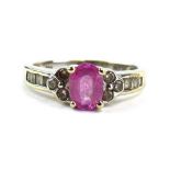 A 14ct white gold ring set oval (?)pink sapphire and small diamonds, ring size M, 3.