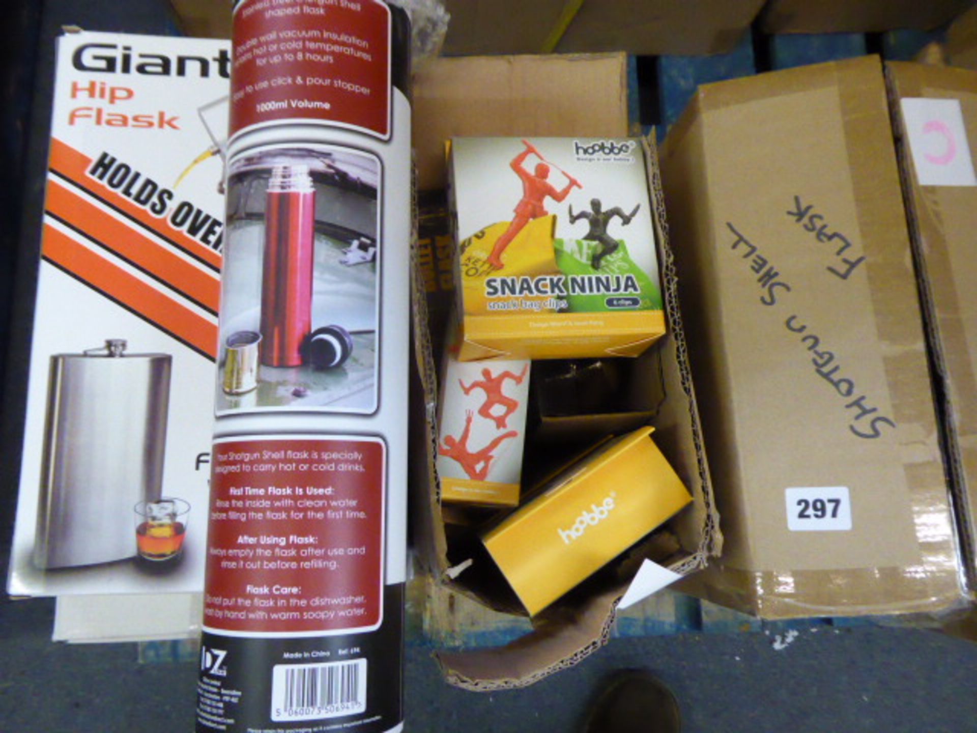 3 boxes of novelty items inc. giant hip flasks, bullet shape flasks, ninja snap bag clips - Image 2 of 2