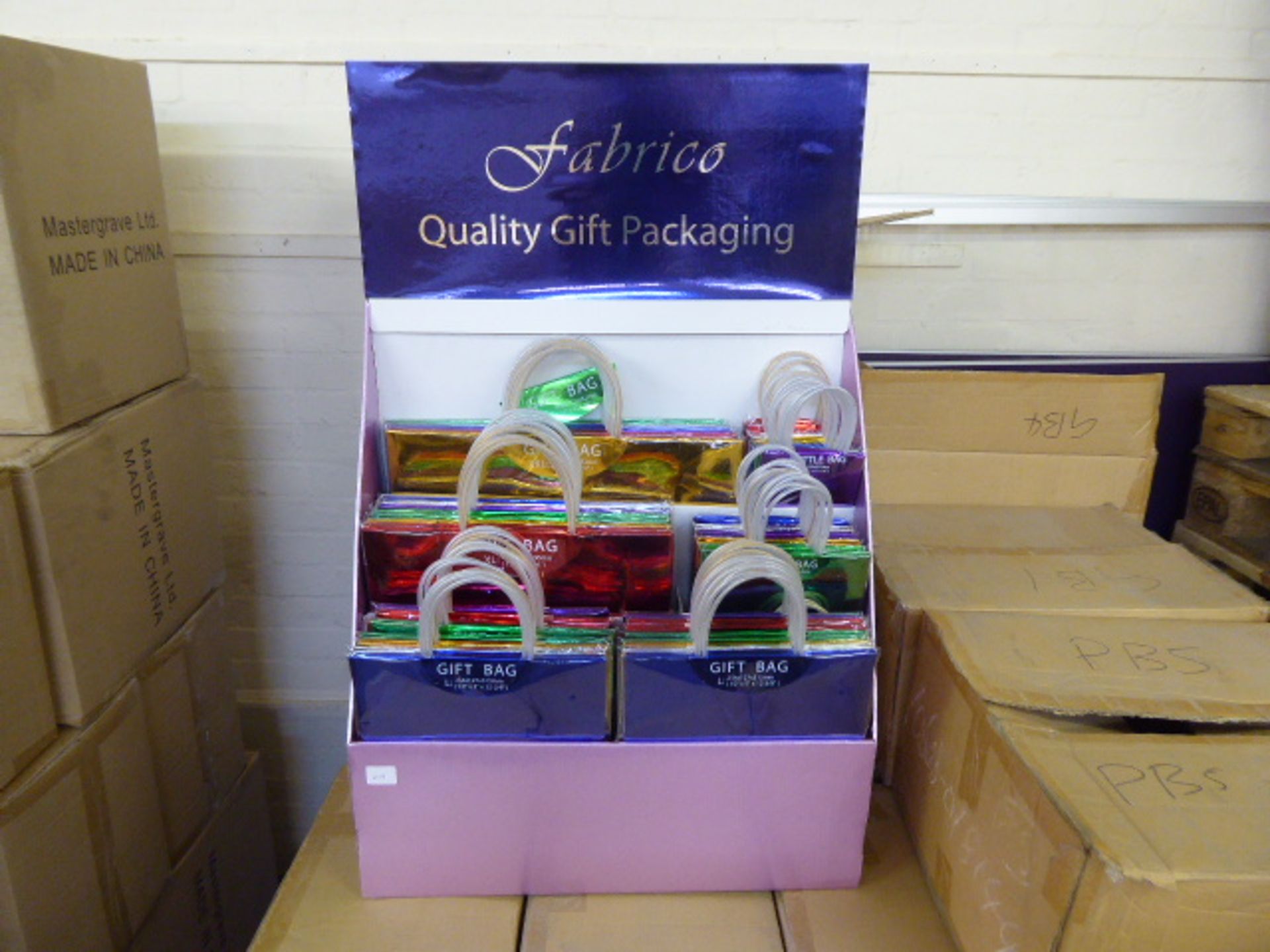 Pallet of Fabrico quality gift packaging, gift bags with point of sales stands (at least 8 large