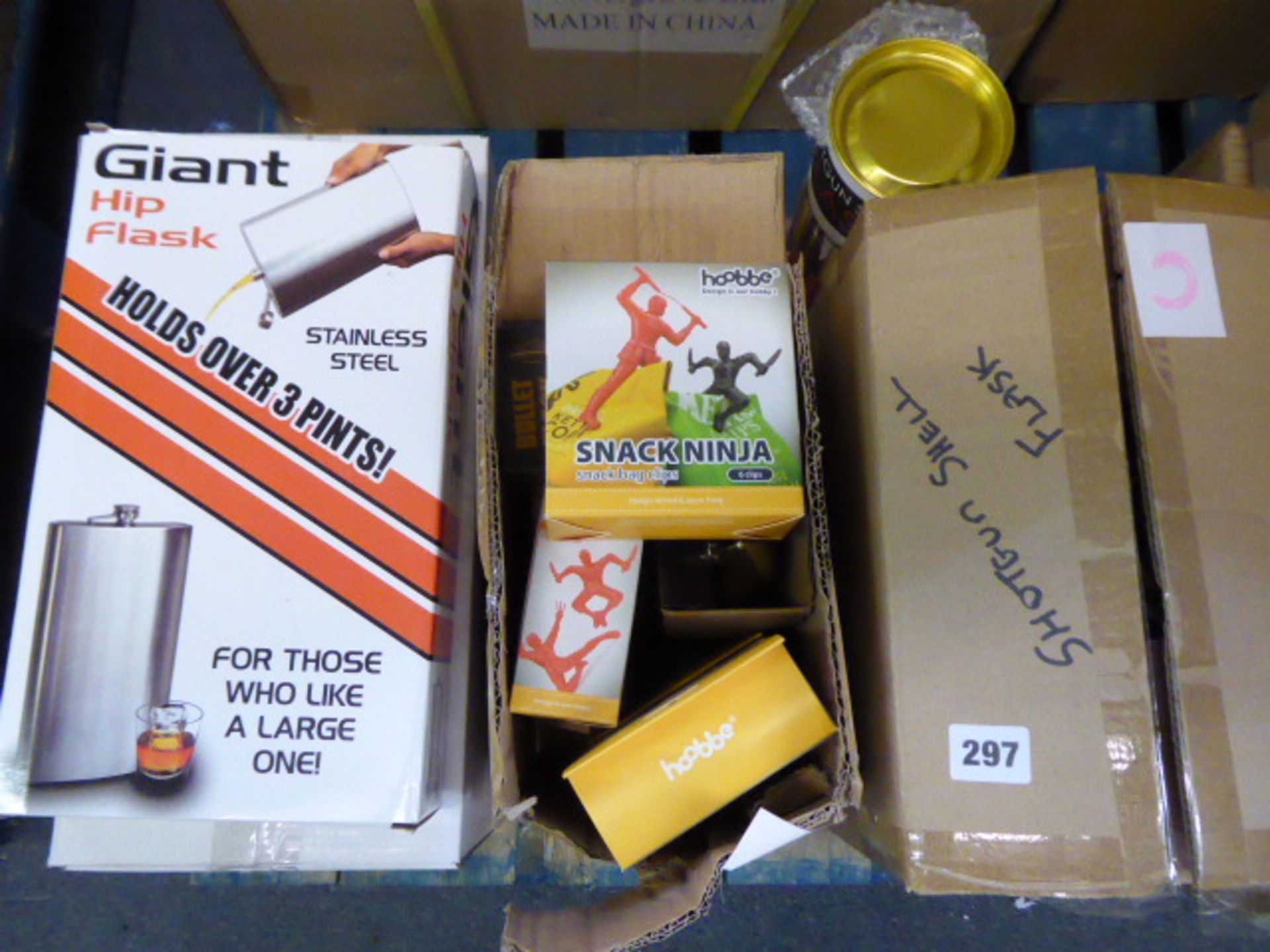 3 boxes of novelty items inc. giant hip flasks, bullet shape flasks, ninja snap bag clips