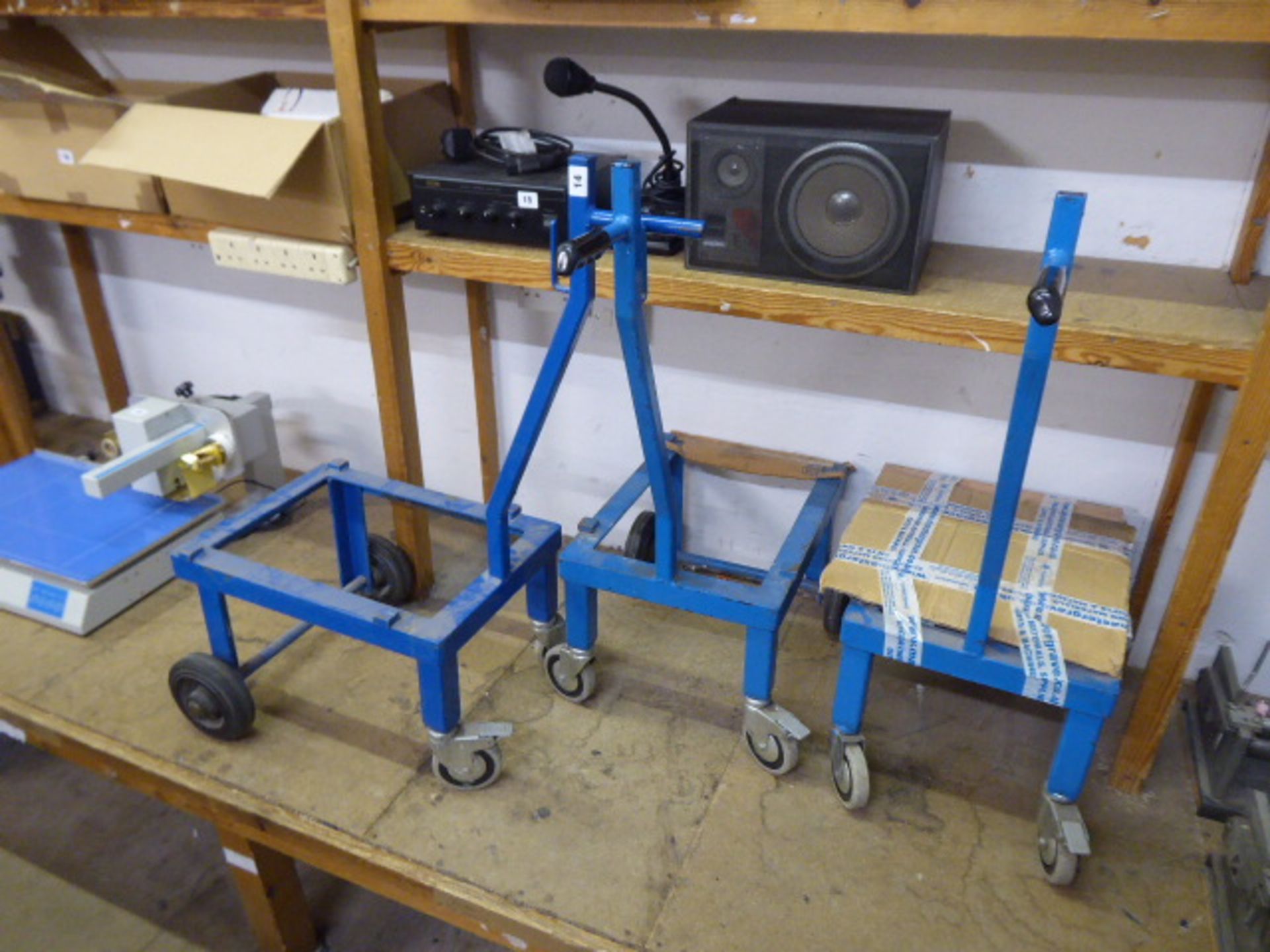 Three custom built steel trolleys on heavy duty castors