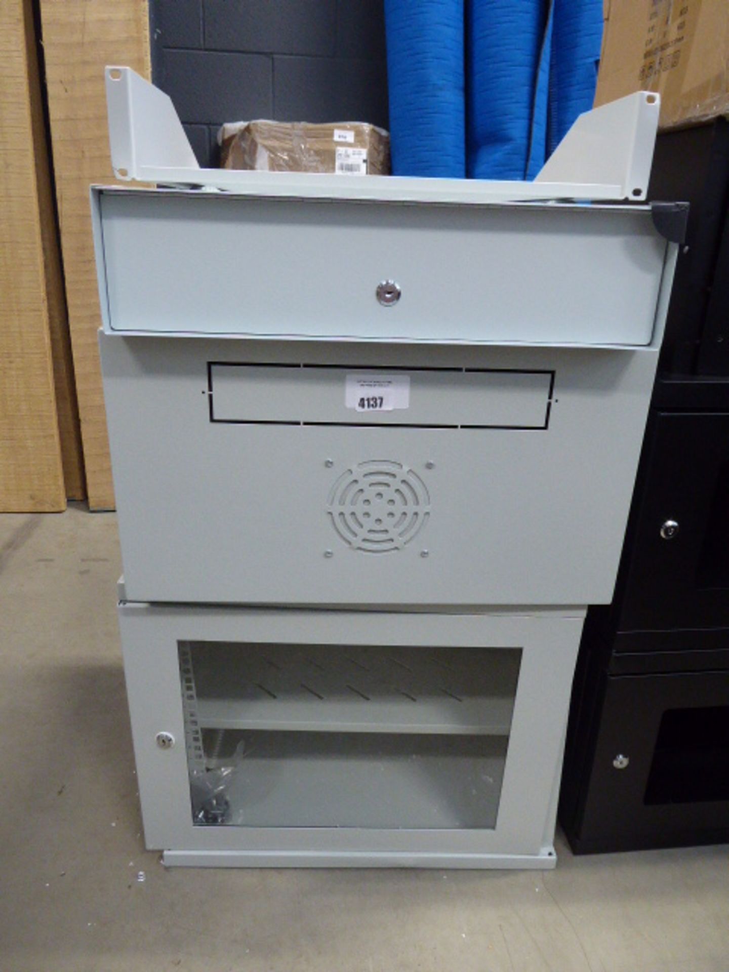 4140 - Cream metal comms cabinet with drawer and small unit above