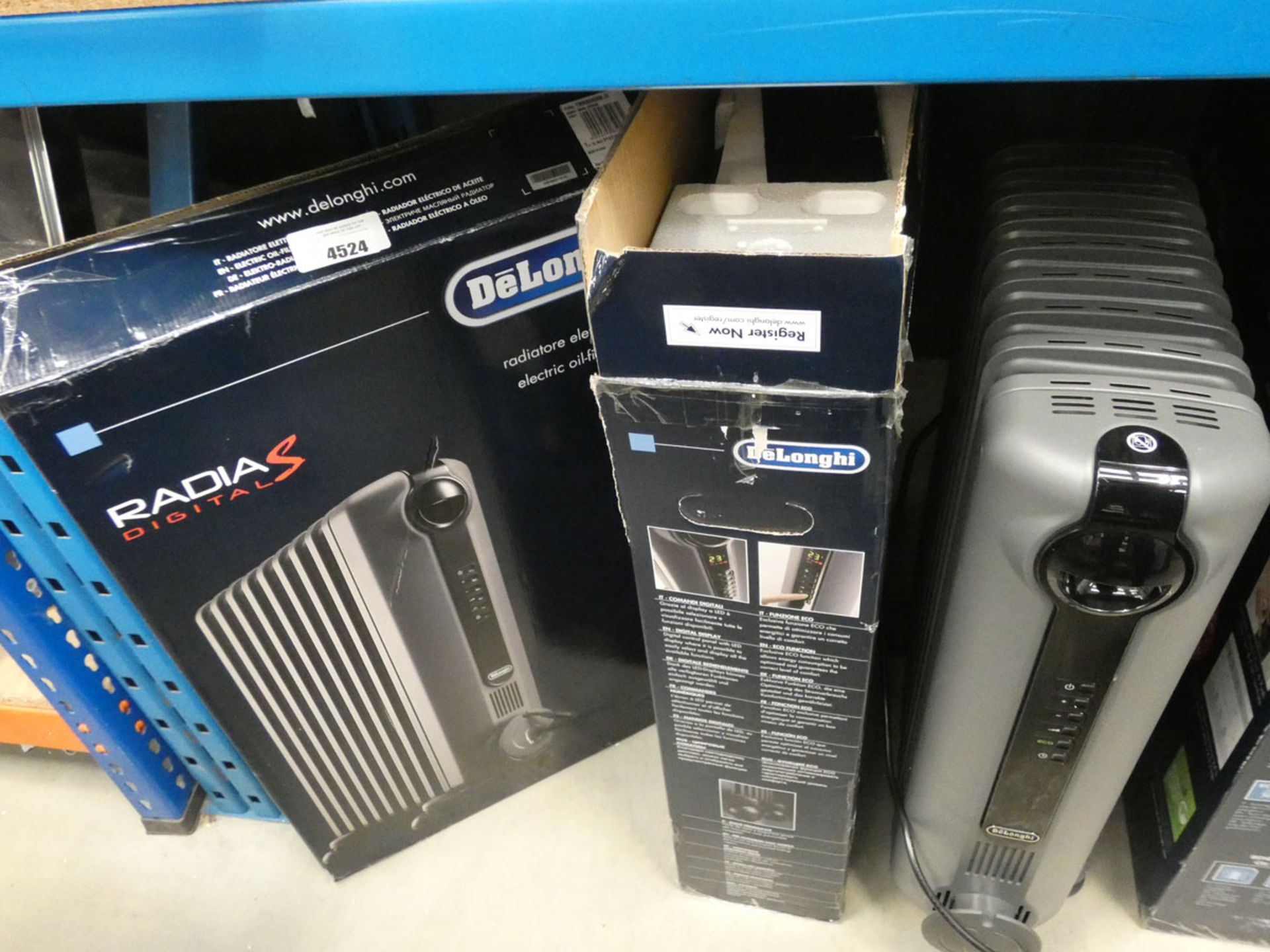 2 Boxed and 1 unboxed DeLonghi grey oil filled radiators