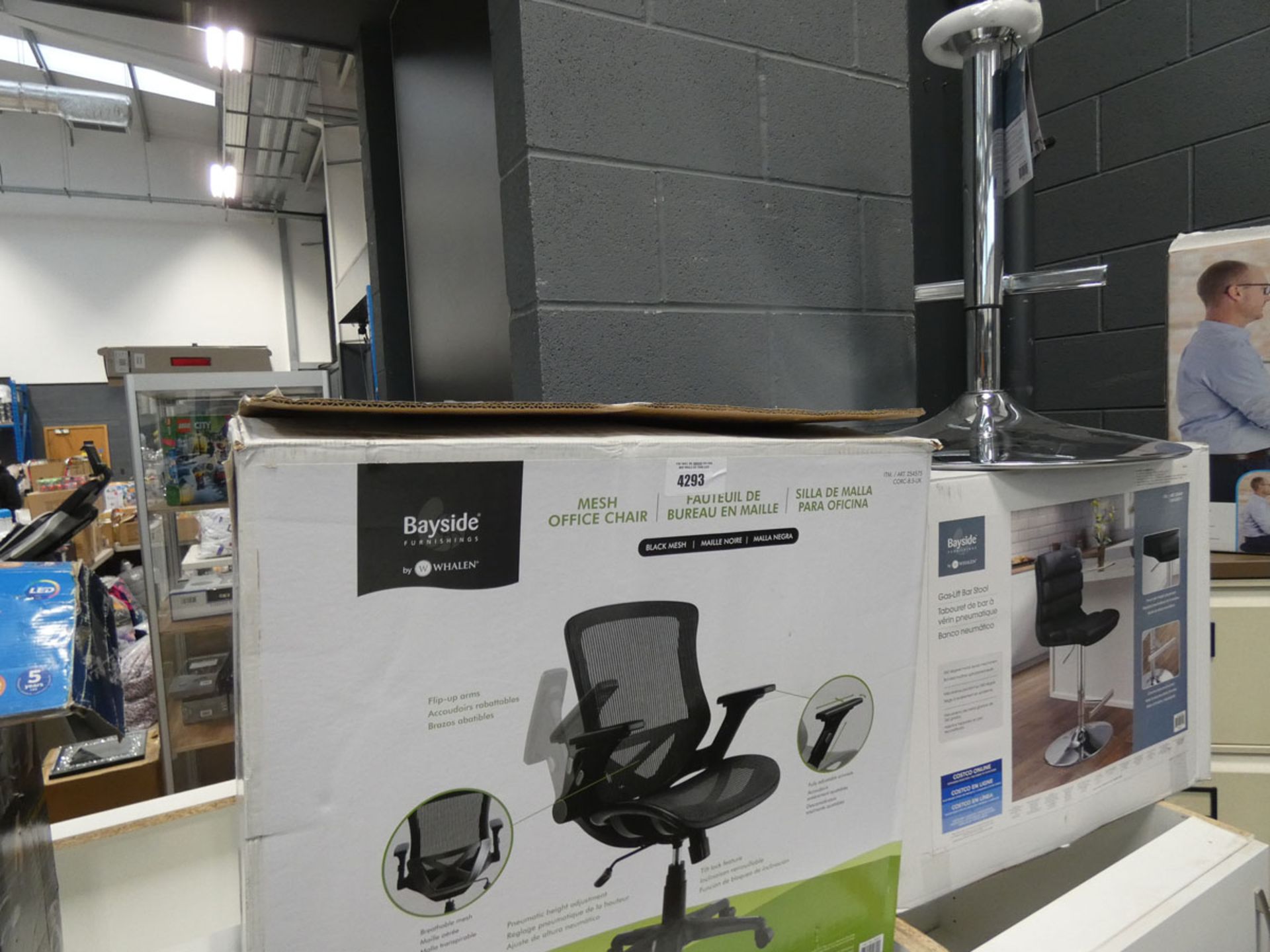 A boxed chrome base bar stool and a boxed chair (parts only)