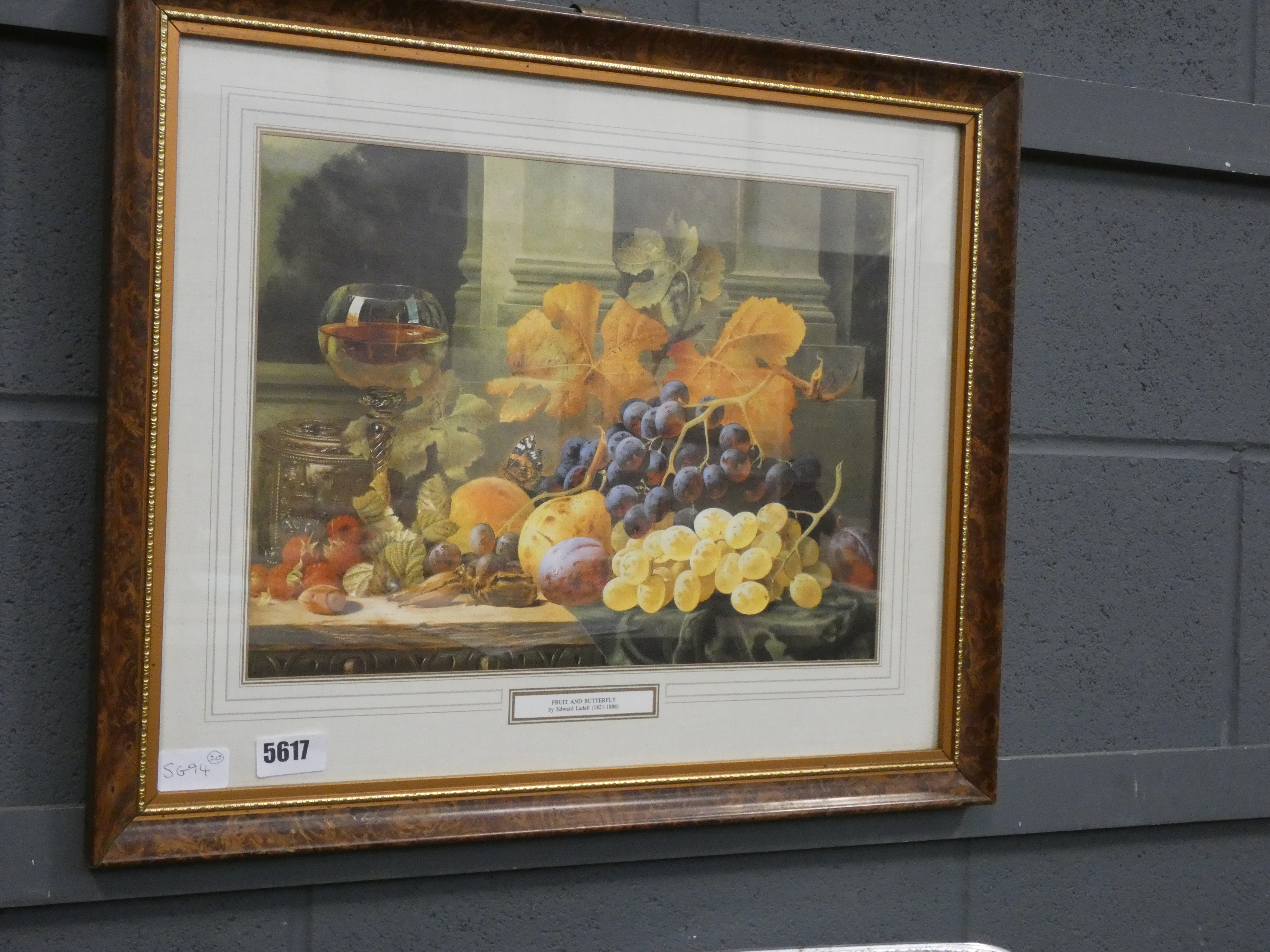 (20) A print of still life with fruit and butterfly by Edward Ladell (1821-1886)