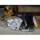 4 boxes containing soda syphons, blue & white china, prints and mirrors, plus demijohns