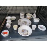 A cage containing Bunnykins plates, plus Wedgwood china