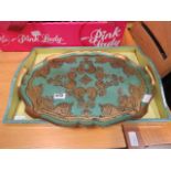 (22) Yellow and green painted serving tray, together with another florally decorated tray made in